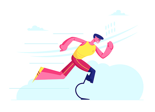 Disabled Athlete Run Training, Sportsman with Bionic Leg Prosthesis Jogging, Post-Accident Recovery, Rehabilitation Exercises. Young Amputee Man Running Outdoors. Cartoon Flat Vector Illustration