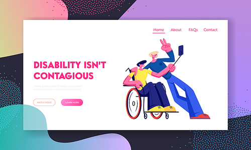 Cheerful Handicapped Invalid Man in Wheelchair Take Picture on Phone with Healthy Friend. Disability, Friendship, Relations, Website Landing Page, Web Page. Cartoon Flat Vector Illustration, Banner