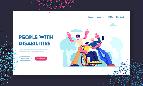 Man with Physical Disorder Sit in Wheelchair with Friends Around, Group of Mates Making Selfie Outdoors. Friendship, Relations, Website Landing Page, Web Page. Cartoon Flat Vector Illustration, Banner