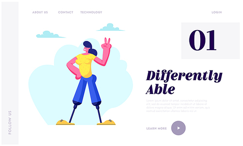 Disabled Woman with Legs Prosthesis Smiling and Showing Victory Gesture by Hand, Motivation, Handicapped Girl Enjoying Life. Website Landing Page, Web Page. Cartoon Flat Vector Illustration, Banner