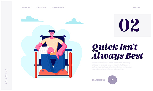 Cheerful Disabled Man with Broken Hand Sitting on Wheelchair Walking Outdoor, Motivation, Handicapped Person Enjoying Full Life Website Landing Page, Web Page. Cartoon Flat Vector Illustration, Banner
