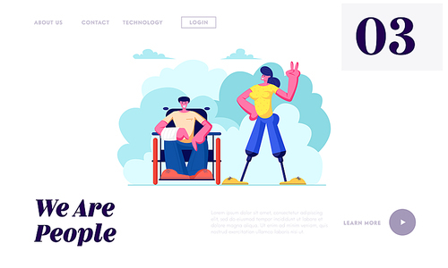 Disabled Man with Broken Hand on Wheelchair and Woman with Legs Prosthesis Walking Outdoors, Motivation, Friendship, Love. Website Landing Page, Web Page. Cartoon Flat Vector Illustration, Banner