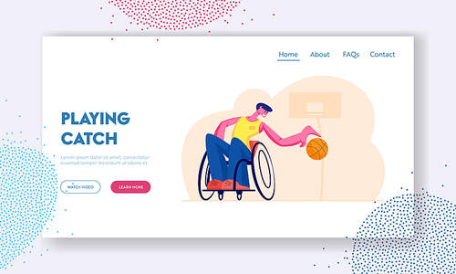Active Paralyzed Man Training with Ball Website Landing Page. Athlete Playing Basketball, Disabled Male Character Rehabilitation, Recovery Exercise Web Page Banner. Cartoon Flat Vector Illustration
