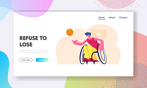 Paralympic Competition, Wheelchair Basketball Website Landing Page. Disabled Sportsman Playing with Ball. Sport for People with Physical Disabilities Web Page Banner. Cartoon Flat Vector Illustration