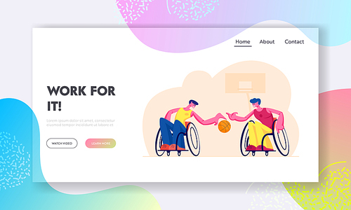 Paralympic Athletes Training Website Landing Page. Disabled Paralyzed Men Playing Basketball Sitting on Wheelchairs, Handicapped Characters Sports Web Page Banner. Cartoon Flat Vector Illustration