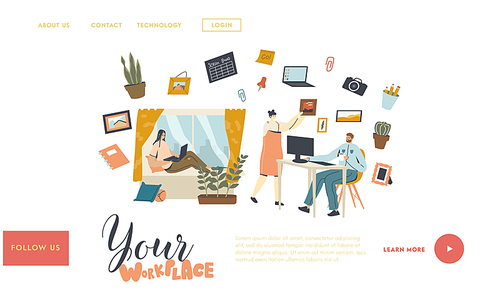 Remote or Stationary Workplace Landing Page Template. Freelancers or Office Workers Characters Working on Pc Sitting at Desk, Freelance Self-employed Occupation. Linear People Vector Illustration