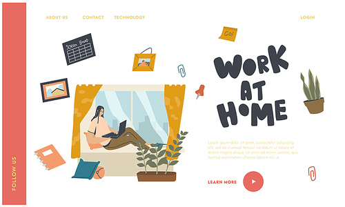 Remote Workplace, Freelance Self-employed Occupation Landing Page Template. Woman Freelancer, Outsourced Employee Character Lying on Couch Work Distant on Laptop from Home. Linear Vector Illustration