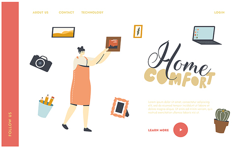 Work Place or Hobby Occupation Landing Page Template. Young Woman with Various Things for Workplace Laptop, Female Character Photo Camera and Picture, Pencils and Cactus. Linear Vector Illustration