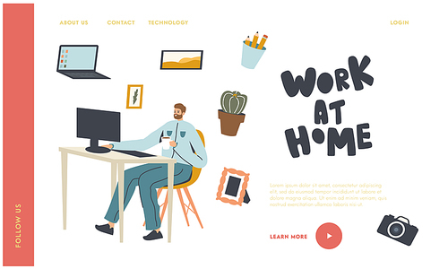Freelance Occupation, Working Activity Landing Page Template. Relaxed Business Man or Freelancer Character Working on Computer Sitting at Desk Workplace in Office or Home. Linear Vector Illustration
