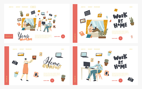 Remote or Stationary Workplace Landing Page Template Set. Freelancers or Office Workers Characters Working on Pc Sitting at Desk, Freelance Self-employed Occupation. Linear People Vector Illustration
