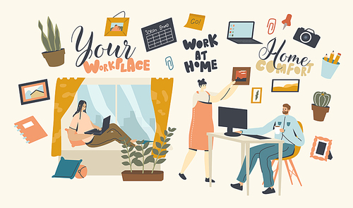 Men and Women Freelancers or Office Workers Characters Working on Laptop and Pc Sitting at Desk, Remote or Stationary Workplace. Freelance Self-employed Occupation. Linear People Vector Illustration