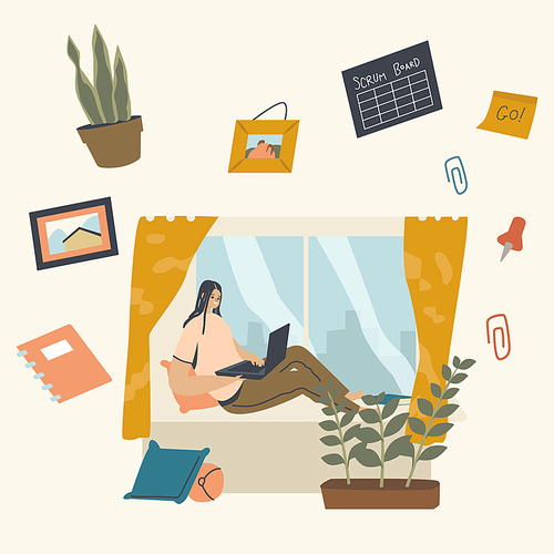 Remote Workplace, Freelance Self-employed Occupation Concept. Relaxed Woman Freelancer, Outsourced Employee Character Lying on Couch Working Distant on Laptop from Home. Linear Vector Illustration