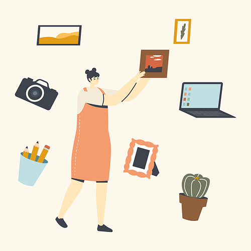 Young Woman Surrounded with Various Things for Workplace Laptop, Female Character Photo Camera and Picture, Pencils and Cactus. Concept of Work Place or Hobby Occupation. Linear Vector Illustration