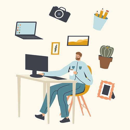 Relaxed Business Man or Freelancer Character Working on Computer Sitting at Desk Workplace in Office or Home. Freelance Outsourced Employee Occupation, Working Activity. Linear Vector Illustration