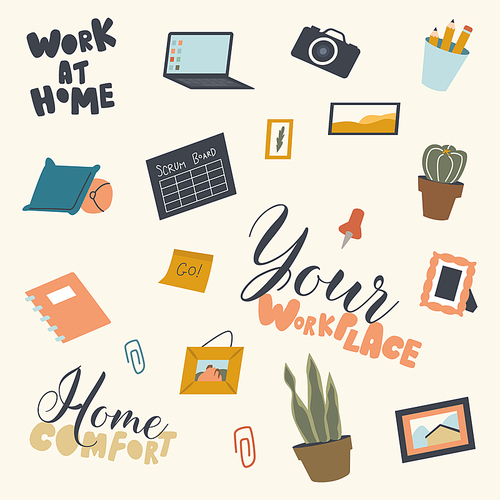 Set of Various Things for Workplace and Home Comfort Laptop, Photo Camera and Picture, Pencils and Cactus, Potted Plant, Pillow. Concept of Work Place or Hobby Occupation. Linear Vector Illustration