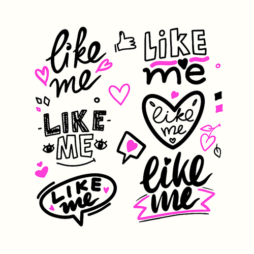 Like Me Hand Drawn Style Font, Social Media Themed Typography with Hearts and Thumb Up Isolated in White Background. Graphic Script, Lettering, Calligraphy Design Elements. Vector Illustration, Set