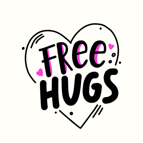 Free Hugs Quote inside of Heart. Banner, Hand Drawn Simple Style Lettering with Doodle Design Elements. Love or Friendship World Day, T-Shirt Print Isolated on White Background. Vector Illustration