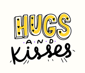 Hugs and Kisses Doodle Banner with Cute Hand Drawn Lettering and Hearts. Simple Style Design Element for T-Shirt Print, Love or Friendship World Day Isolated on White Background. Vector Illustration