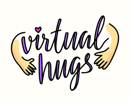 Virtual Hugs Banner, Hand Drawn Style Lettering with Hugging Hands and Heart. Doodle Design Element for T-Shirt Print, Friendship World Day Card Isolated on White Background. Vector Illustration