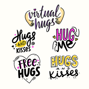 Set of Lettering with Hugs and Kisses. Hand Drawn Simple Style Banners with Doodle Design Elements. Love or Friendship World Day, T-Shirt Prints Isolated on White Background. Vector Illustration