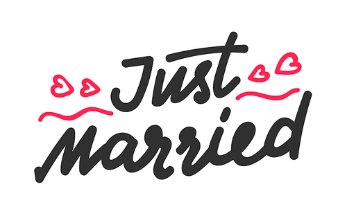 Just Married Hand Written Lettering with Red Outline Hearts and Wavy Ornate Lines Isolated on White Background. Design Element for Wedding Greeting Card and Romantic Invitation. Vector Illustration