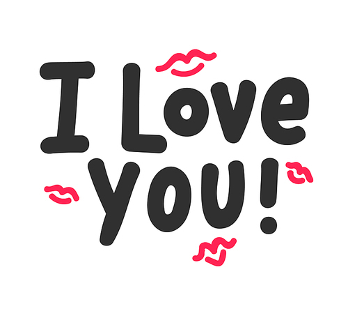 I Love You Inspirational Lettering with Red Doodle Lips on White Background. Typography Slogan for T-Shirt Print, Design Element for Valentines Day Card. Black Hand Drawn Letters. Vector Illustration