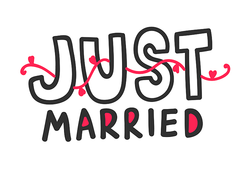 just married outline hand written lettering with black font, red hearts wavy ornament isolated on white . design element for wedding greeting card or romantic invitation. vector illustration