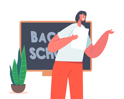 Teacher in Classroom near Blackboard Teaching Lesson. Young Professor at University Giving Class. Woman with Paper in Hands Stand at Chalkboard Teach Students. Cartoon People Vector Illustration