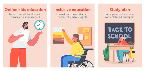 Children with Disabilities Studying in School, Disability and Education Banners. Kids Characters on Lesson. Teacher in Classroom Disabled Girl in Wheelchair Learn. Cartoon People Vector Illustration