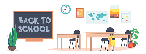 Empty Classroom Interior, School or College Class With Teacher Table, Blackboard With Back to School Inscription, Clock and Map Hanging on Wall, Plant in Room for Studying. Cartoon Vector Illustration