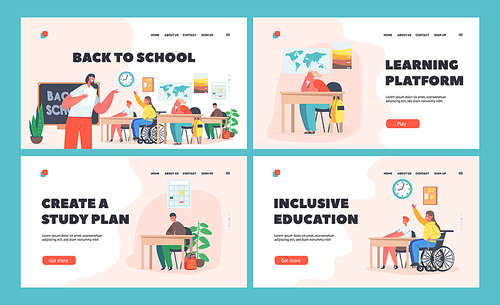 Back to School Landing Page Template Set. Children with Disabilities Study, Handicapped Kids Characters on Lesson with Teacher. Disabled Girl in Wheelchair at Class. Cartoon People Vector Illustration