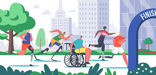 Disabled Athlete Characters Run City Marathon, Sportsmen and Sportswomen on Wheelchair or Bionic Leg Prosthesis Jogging, Young Amputee Men or Women Outdoors Running. Cartoon People Vector Illustration