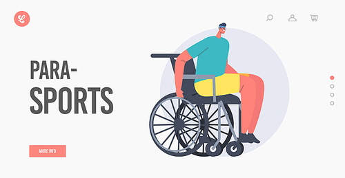 Para Sport Landing Page Template. Disabled Athlete Character Sportsman on Wheelchair Competition. Young Amputee Man Running Marathon or Take Part in Handicapped Tournament. Cartoon Vector Illustration