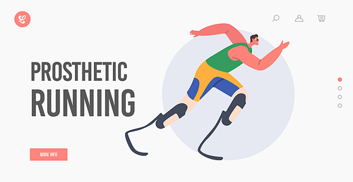 Prosthetic Running Landing Page Template. Disabled Sportsman Run. Athlete Character Jogging on Bionic Leg Prosthesis, Young Amputee Man Running Competition or Marathon. Cartoon Vector Illustration