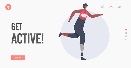 Disabled Woman Run Landing Page Template. Athlete Sportswoman Character Jogging on Bionic Leg Prosthesis, Young Amputee Woman Running Marathon or Sprint Racing. Cartoon Vector Illustration