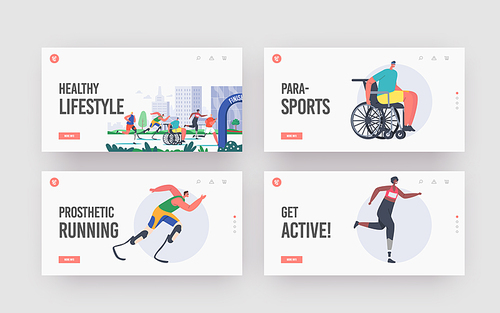 Disabled People Healthy Lifestyle Landing Page Template Set. Athlete Characters Run Marathon, Sportsmen on Wheelchair or Bionic Leg Prosthesis Jogging, Amputee Running. Cartoon Vector Illustration
