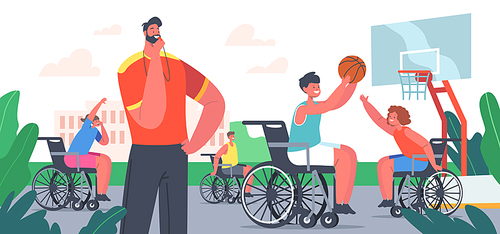Disabled Kids Play Basketball, Happy Children Characters with Coach Sport Activity or Fun. Young Wheelchair Athletes, Mixed Sports Team, Active Equal Rivals Concept. Cartoon People Vector Illustration