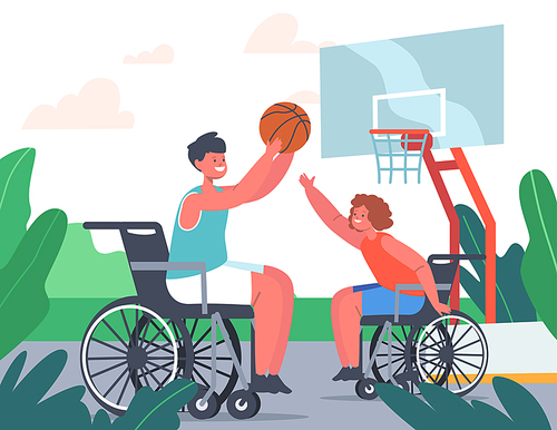 Couple of Disabled Paralyzed Kids Playing Basketball Sitting on Wheelchairs, Paralympic Athletes Training, Handicapped Children Characters Sports Activity, Training. Cartoon People Vector Illustration