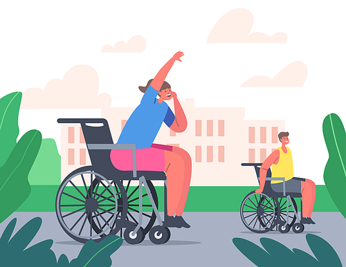 Young Disabled Kids Characters Sitting in Wheelchair Playing Basketball or Racing. Disability, Paralyzed Handicapped Person Lifestyle, Rehabilitation, Spare Time. Cartoon People Vector Illustration