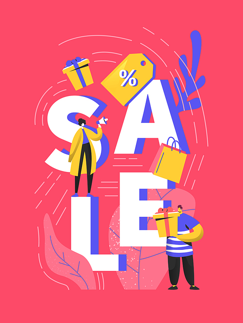 Big sale poster with customers and shopping bags. Man and woman characters on discount event for banner, ads, promotion flyer. Vector illustration