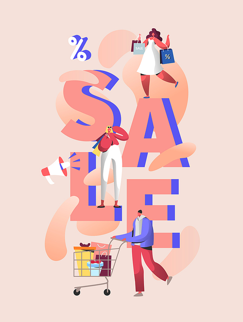 Big sale poster with customers and shopping bags. Man and woman characters on discount event for banner, ads, promotion flyer. Vector illustration