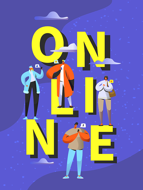 Social media concept. Young people characters chatting online in social network using mobile devices smartphone, laptop for poster, banner, flyer. Vector illustration