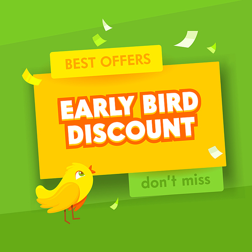 Early Bird Advertising Poster for Sale Promotion. Promo Banner, Flyer with Typography on Green and Yellow Background. Ad Template Backdrop Design for Shopping Discount. Cartoon Vector Illustration