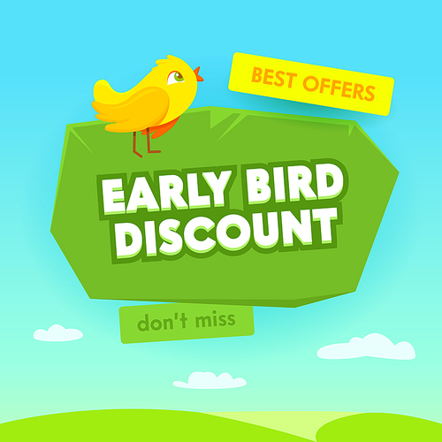 Early Bird Sale Advertising Banner with Typography. Ad Promotion Poster, Flyer Branding Template Design for Shopping Discount. Content Decoration, Social Media Promo. Cartoon Vector Illustration