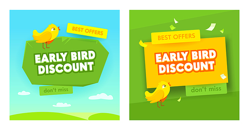 Early Bird Sale Banners Set. Advertising Discount Special Business Offers, Promotion. Background with Typography, Design for Shopping Discount. Social Media Promo Template. Cartoon Vector Illustration
