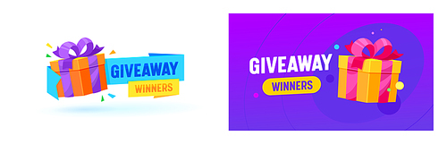 Giveaway Winner Gifts Vector Promo Banner, Social Network Advertising. Presents, Like or Repost Giving in Social Media. Surprise Package, Subscriber Reward. Cartoon Poster With Gift Boxes and Confetti