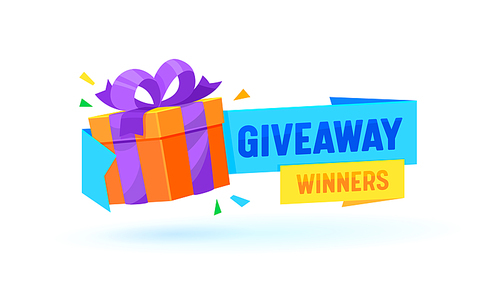 Giveaway Winners Gift Box, Vector Banner with Present Wrapped With Ribbon, Promotion Contest, Competition Free Prize. Holidays and Shopping Promo for Social Media Advertising Campaign, Cartoon Poster