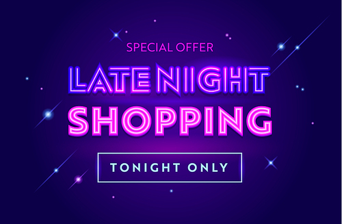 Late Night Sale Advertising Banner with Typography. Blue Background with Glowing Stars. Design for Shopping Discount. Social Media Promo Content Ad, Poster, Flyer, Card Template. Vector Illustration
