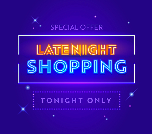 Late Night Sale, Special Offer Advertising Banner with Typography on Blue Background with Glowing Stars. Design for Shopping Discount. Social Media Promo Ad, Poster, Flyer or Card. Vector Illustration