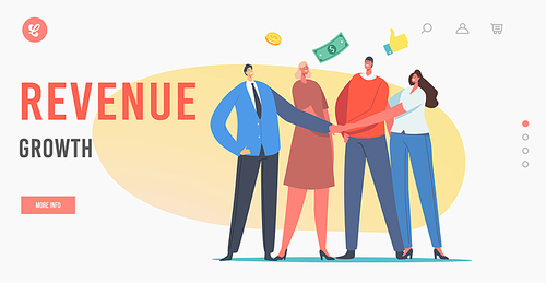 Revenue Growth, Mutual Fund Landing Page Template. Office Colleagues Characters Join Hands with Money Bills around. Businessmen and Businesswomen Finance Help. Cartoon People Vector Illustration